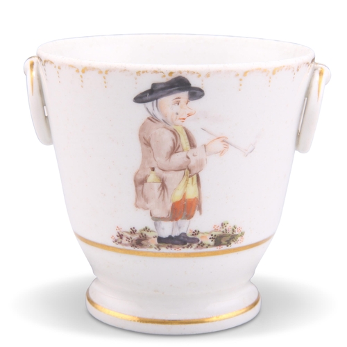 74 - A 19TH CENTURY PORCELAIN SMALL CACHE-POT, with ring handles and raised on a circular foot, painted w... 