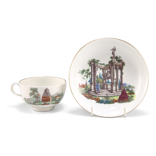 76A - A WORCESTER PORCELAIN 'EUROPEAN RUINS' TEACUP AND SAUCER, CIRCA 1765, printed and enamelled with fig... 