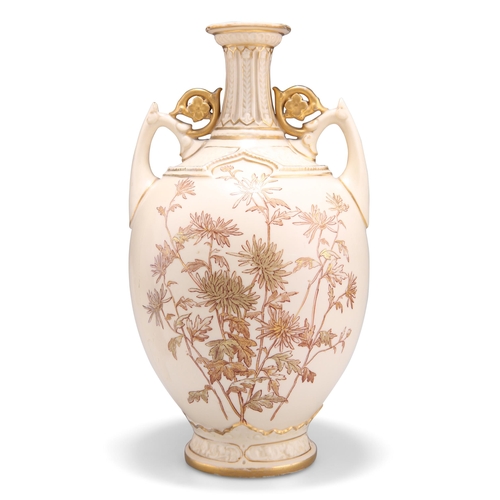 95 - A ROYAL WORCESTER BLUSH IVORY TWO-HANDLED VASE, ovoid form with angular scroll handles and a flared ... 