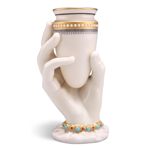 96 - JAMES HADLEY FOR ROYAL WORCESTER, A 'MRS HADLEY'S HAND' SPILL VASE, modelled as a lady's hand wearin... 