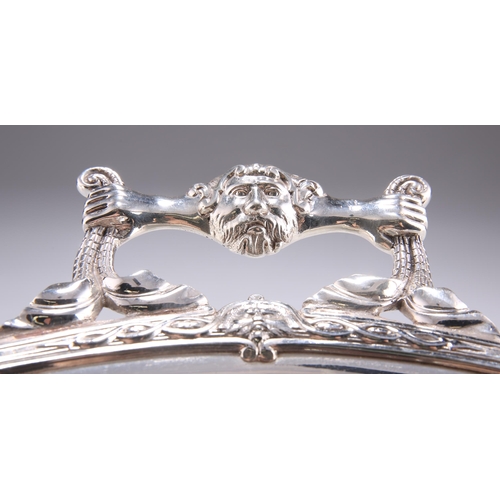 1000 - A VICTORIAN SILVER-PLATED TWO-HANDLED TRAY oval, with mask handles and knotwork border. 54.5cm acros... 