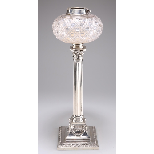 1005 - A VICTORIAN SILVER-PLATED CORINTHIAN COLUMN OIL LAMP BASE with cut-glass reservoir and Evered & ... 