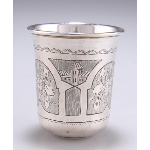 1041 - A 19TH CENTURY RUSSIAN SILVER VODKA CUP assay master Andrey Kovalsky, Moscow 1880, with engraved dec... 