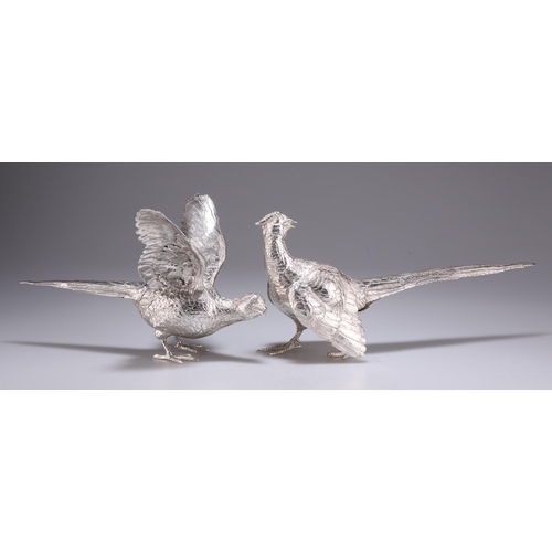 1067 - A PAIR OF GERMAN SILVER TABLE MODELS OF PHEASANTS  with finely chased plumage and detail, one with w... 