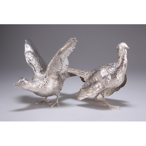 1067 - A PAIR OF GERMAN SILVER TABLE MODELS OF PHEASANTS  with finely chased plumage and detail, one with w... 