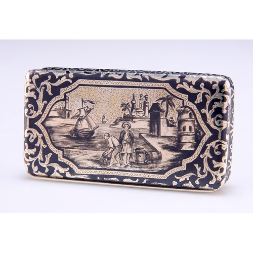 1069 - A 19TH CENTURY FRENCH NIELLO SNUFF BOX indistinct marks, rectangular with a hinged cover, decorated ... 