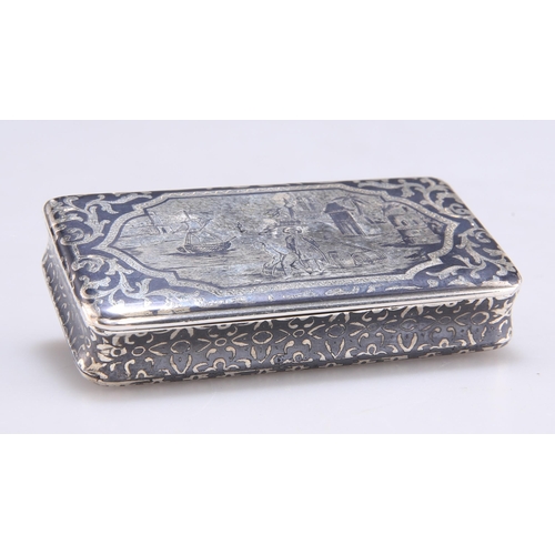 1069 - A 19TH CENTURY FRENCH NIELLO SNUFF BOX indistinct marks, rectangular with a hinged cover, decorated ... 