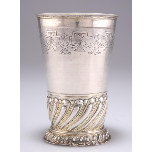 1081 - A GERMAN PARCEL-GILT SILVER BEAKER Augsburg, mid-18th Century, tapering cylindrical form, flat-chase... 