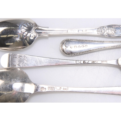 1122 - A GROUP OF FOUR 18TH AND 19TH CENTURY SILVER DESSERT SPOONS including a feather-edged spoon by John ... 