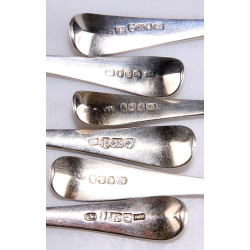 1174 - A GROUP OF SIX 18TH CENTURY SILVER OLD ENGLISH PATTERN TABLE SPOONS London marks, four engraved. (6)... 