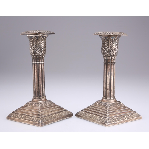1310 - A PAIR OF VICTORIAN SILVER CANDLESTICKS by Richard Martin & Ebenezer Hall, London 1892, columnar... 