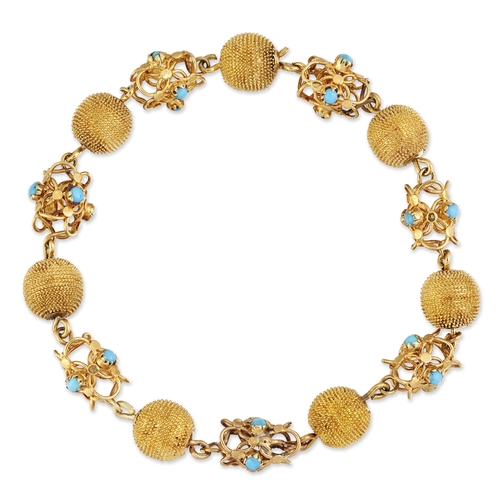 1782 - A TURQUOISE BRACELET turquoise set openwork links alternating with textured ball links. 20cm long, 2... 