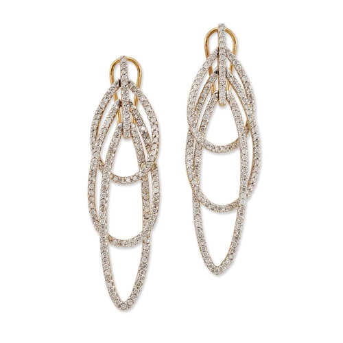 1787 - A PAIR OF DIAMOND PENDANT EARRINGS of graduated interlocking diamond-set hoop links, with post and c... 