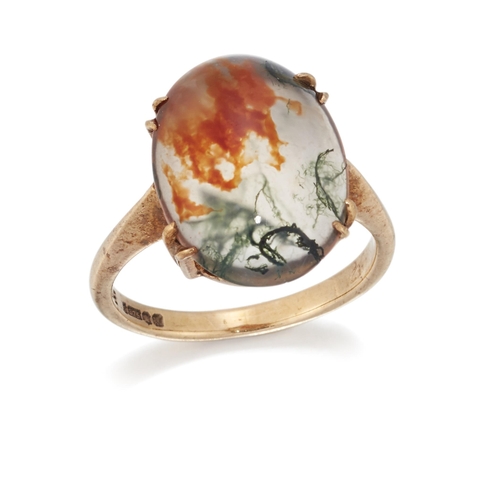 1789 - A 9 CARAT GOLD MOSS AGATE RING an oval moss agate in a double claw setting. Hallmarked Edinburgh 196... 