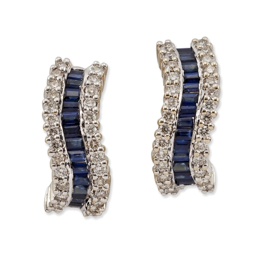 1792 - A PAIR OF 18 CARAT WHITE GOLD SAPPHIRE AND DIAMOND HALF HOOP EARRINGS wavy half hoops channel-set wi... 