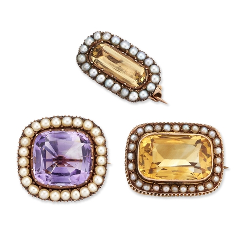 1796 - THREE 19TH CENTURY GEMSTONE AND SEED PEARL BROOCHES comprising two citrine and seed pearl brooches, ... 