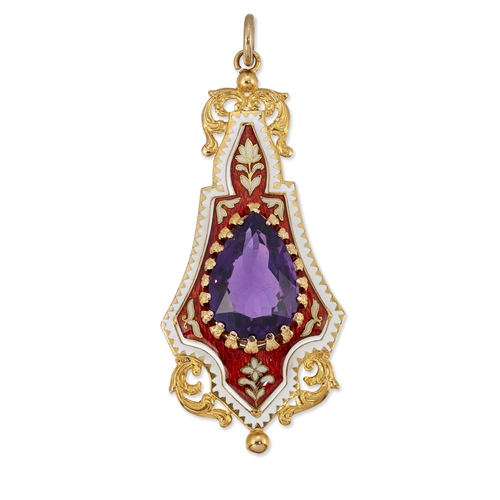 1799 - A 19TH CENTURY AMETHYST AND ENAMEL PENDANT a pear-cut amethyst within a fancy shield-shaped frame pi... 