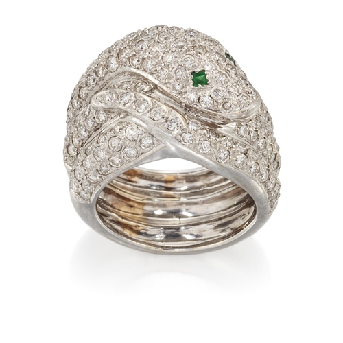 1801 - A DIAMOND SNAKE RING modelled as three coiled bands, pavé-set with round brilliant-cut diamonds and ... 