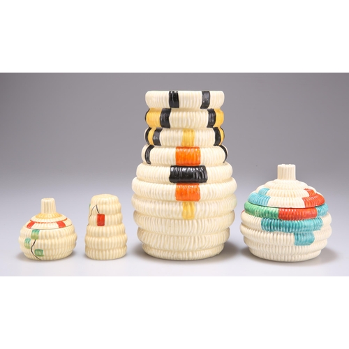 117 - A GROUP OF CLARICE CLIFF BIZARRE RAFFIA CERAMICS comprising A 722 SHAPE VASE, 15.5cm high; A PRESERV... 