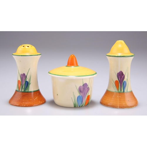 120 - A CLARICE CLIFF BIZARRE CROCUS PATTERN THREE-PIECE CONDIMENT SET Newport pottery backstamps. (3) 8.5... 