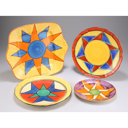 123 - FOUR CLARICE CLIFF ORIGINAL BIZARRE PATTERN PLATES comprising A CAKE PLATE, 27cm diameter; TWO SCALL... 