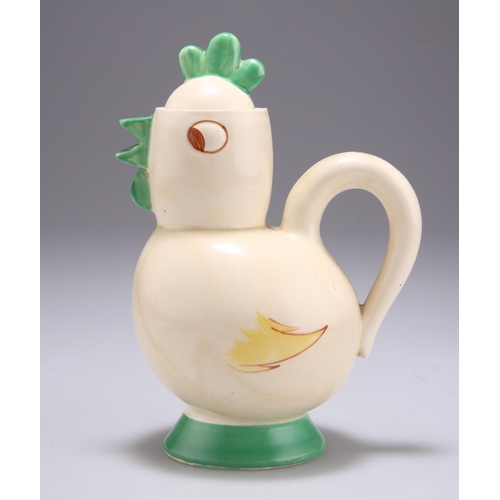 126 - A CLARICE CLIFF BIZARRE CHICKEN PATTERN COCOA POT with loop handle, painted in tones of green and ye... 