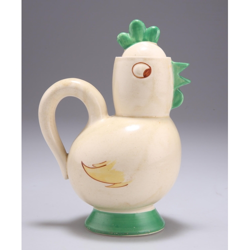 126 - A CLARICE CLIFF BIZARRE CHICKEN PATTERN COCOA POT with loop handle, painted in tones of green and ye... 