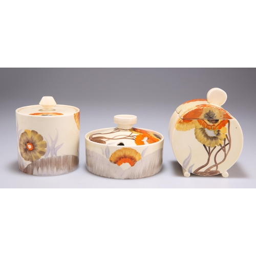 133 - THREE CLARICE CLIFF BIZARRE RHODANTHE PATTERN POTS AND COVERS comprising A BONJOUR PRESERVE POT, 10.... 