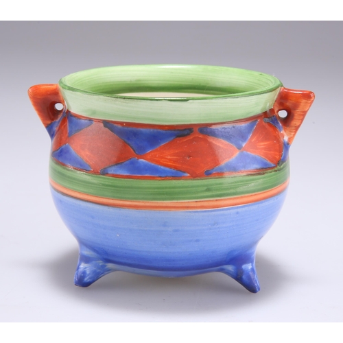 140 - A CLARICE CLIFF ORIGINAL BIZARRE CAULDRON painted in tones of blue, green and red with a striped and... 