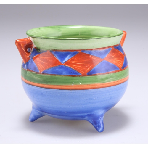 140 - A CLARICE CLIFF ORIGINAL BIZARRE CAULDRON painted in tones of blue, green and red with a striped and... 