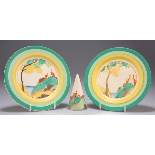 142 - TWO CLARICE CLIFF BIZARRE SECRETS PATTERN SIDE PLATES AND A CONICAL SALT side plates 15cm diameter, ... 