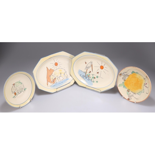 144 - A GROUP OF JOAN SHORTER KIDDIES WARE CERAMICS comprising TWO OCTAGONAL PLATES, 20.5cm by 15cm; and T... 