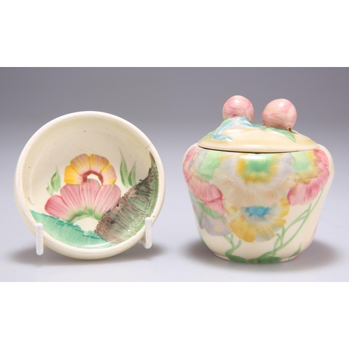 146 - A CLARICE CLIFF PINK PEARLS RHODANTHE PATTERN PRESERVE POT AND A PIN TRAY preserve pot shape 230, 8c... 