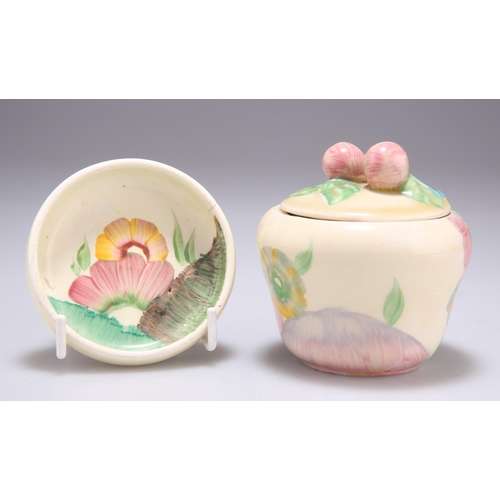 146 - A CLARICE CLIFF PINK PEARLS RHODANTHE PATTERN PRESERVE POT AND A PIN TRAY preserve pot shape 230, 8c... 