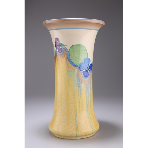 149 - A CLARICE CLIFF BIZARRE DELICIA PANSIES PATTERN VASE trumpet form, Newport pottery backstamp. 28cm h... 