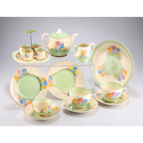 150 - A MATCHED CLARICE CLIFF SPRING CROCUS BREAKFAST SET comprising A TEAPOT; TWO CUPS AND SAUCERS; TWO S... 