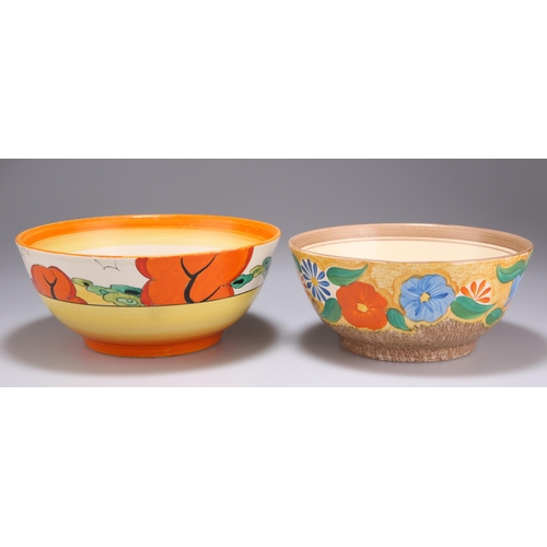 154 - TWO CLARICE CLIFF BIZARRE FRUIT BOWLS comprising AN ORANGE ERIN PATTERN FRUIT BOWL, 8cm high, 18cm d... 