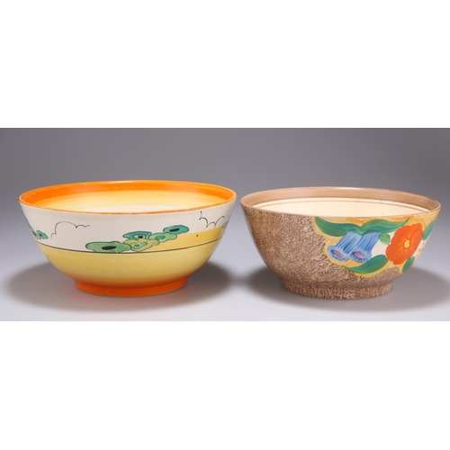 154 - TWO CLARICE CLIFF BIZARRE FRUIT BOWLS comprising AN ORANGE ERIN PATTERN FRUIT BOWL, 8cm high, 18cm d... 