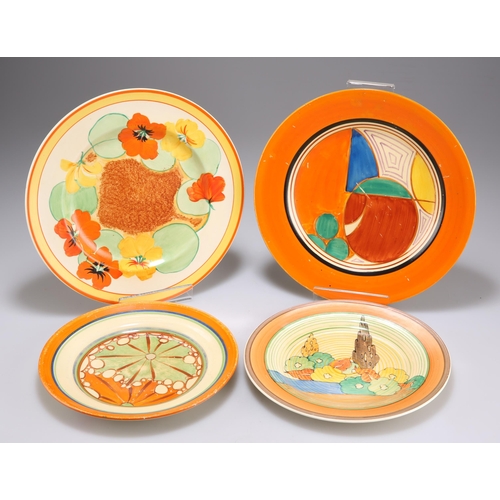 156 - FOUR CLARICE CLIFF SIDE PLATES comprising A FANTASQUE BIZARRE MELON PATTERN SIDE PLATE, 20cm diamete... 