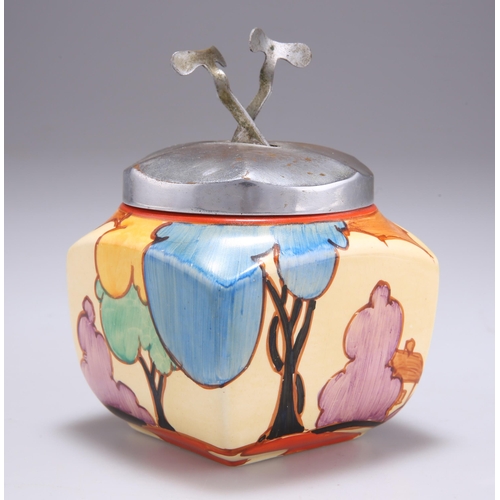 157 - A CLARICE CLIFF FANTASQUE BIZARRE BLUE AUTUMN BALLOON TREES PATTERN SUGAR BOWL the chrome-plated cov... 