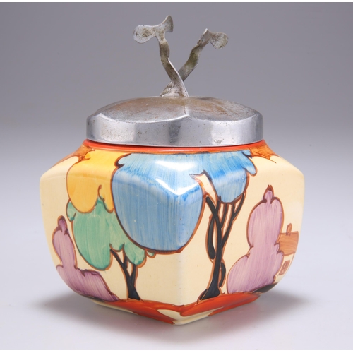 157 - A CLARICE CLIFF FANTASQUE BIZARRE BLUE AUTUMN BALLOON TREES PATTERN SUGAR BOWL the chrome-plated cov... 