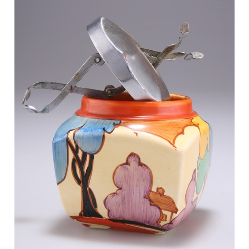 157 - A CLARICE CLIFF FANTASQUE BIZARRE BLUE AUTUMN BALLOON TREES PATTERN SUGAR BOWL the chrome-plated cov... 