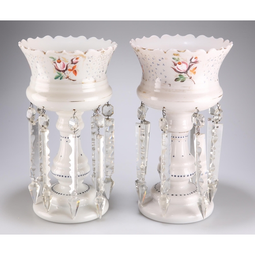 47 - A LARGE PAIR OF 19TH CENTURY OPALINE WHITE GLASS LUSTRES decorated with floral sprays and gilt, with... 