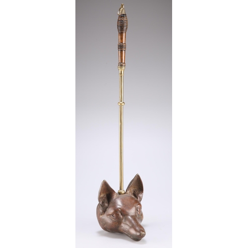 62 - A CAST IRON AND BRASS FOX HEAD DOOR PORTER with a turned wood handle. 56cm high