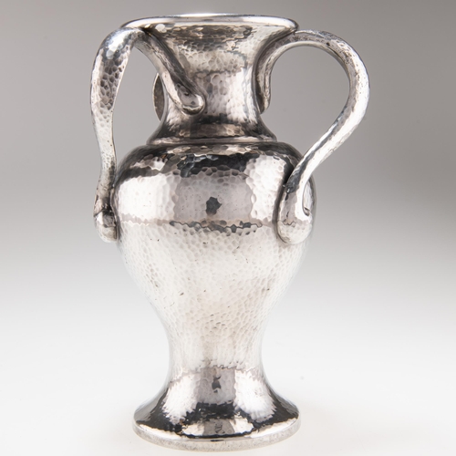 67 - A LIBERTY & CO TUDRIC PEWTER THREE-HANDLED VASE no. 01226, possibly designed by Archibald Knox, with... 