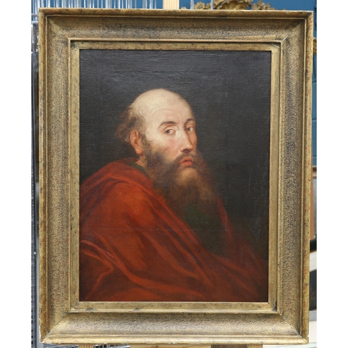 2004 - 17TH/18TH CENTURY FLEMISH SCHOOL PORTRAIT OF A SAINT Oil on canvas, added to on all sides at a later... 