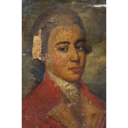 2012 - 18TH CENTURY ENGLISH SCHOOL PORTRAIT OF A GENTLEMAN IN RED COAT Oil on canvas, oval, unframed
As Fou... 