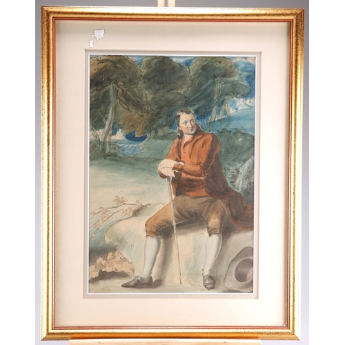 2026 - EARLY 19TH CENTURY BRITISH SCHOOL PORTRAIT OF A GENTLEMAN IN A WOODED LANDSCAPE Pencil and watercolo... 