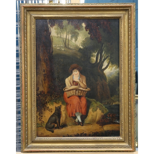 2036 - ENGLISH NAIVE SCHOOL (19TH CENTURY) LADY AND HER DOG IN A COUNTRY LANDSCAPE Oil on panel(46cm x 33cm... 