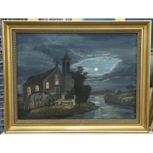 2039 - ENGLISH NAIVE SCHOOL (19TH CENTURY) MOONLIT RIVER LANSCAPE WITH CHURCH Oil on tin(30cm x 41cm)... 